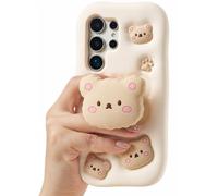 TUFTA for Samsung Galaxy S25 Case, Kawaii Teddy Bear Grip for Girls | Makes Mirror Selfies Sweeter, Cute Girly 3D Animal Style with Stand, Gift for Kids & Teens, Soft Silicone Drop Protection
