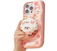 TUFTA Kawaii 3D Dog Phone Case for iPhone 13 Pro Max (with Retractable Phone Stand & Grip) Cute Girly Cartoon Soft Silicone Phone Cover for Girls, Kids, Teens, and Women, Pink
