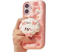 TUFTA Kawaii 3D Dog Phone Case for iPhone 16 Plus (with Retractable Phone Stand & Grip) Cute Girly Cartoon Soft Silicone Phone Cover for Girls, Kids, Teens, and Women, Pink