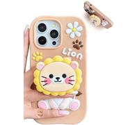TUFTA Kawaii 3D Lion Phone Case for iPhone 16 Pro Max (with Retractable Phone Stand & Grip) Cute Girly Cartoon Soft Silicone Phone Cover for Girls, Kids, Teens, and Women, Yellow