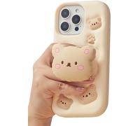 TUFTA Kawaii 3D Teddy Bear Phone Case for iPhone 12 Pro (with Retractable Phone Stand & Grip) Cute Girly Cartoon Soft Silicone Phone Cover for Girls, Kids, Teens, and Women, Beige
