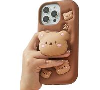 TUFTA Kawaii 3D Teddy Bear Phone Case for iPhone 15 Pro Max (with Retractable Phone Stand & Grip) Cute Girly Cartoon Soft Silicone Phone Cover for Girls, Kids, Teens, and Women, Brown
