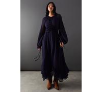 Tufted Dobby Chiffon Button Front Tie Neck Hanky Hem Midi Dress Warehouse Navy 10