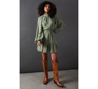 Tufted Dobby Chiffon Shirred Waist Flippy Hem Mini Dress Warehouse Khaki 8