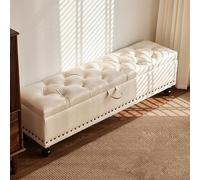 Tufted Faux Leather Ottoman Bench - Upholstered Sto Stool for Bedroom & Entryway 39" Footstool with Solid Wood Legs White Fur Accent