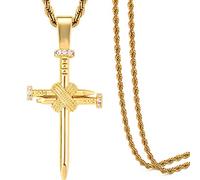 TUHE Hip Hop Nail Cross Faith Pendant Necklace for Men Women, 18K Gold Plated AAA CZ Iced Out Simulate Diamond Accents Bling Bling Charm Necklace with Stainless Steel Rope Chain in Platinum Plated