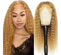 Tuheerst Curly Wave Human Hair Wig, Real Hair Wig, Women's Blonde 4 x 4 Lace Brazilian Real Hair, Glueless Wear and Go Pre Bleached Knots with Baby Hair for Woman, 26 Inches (66 cm)