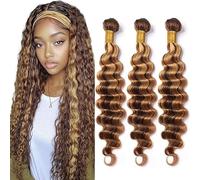 Tuheerst Deep Wave Human Hair Bundles P427 Highlight Blonde Human Hair Extensions Real Hair Wefts Bundles 3 Bundles Double Weft Remy Hair for Woman 34 Inches