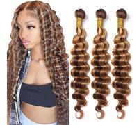 Tuheerst Deep Wave Human Hair Bundles P427 Highlight Blonde Human Hair Extensions Real Hair Wefts Bundles 3 Bundles Double Weft Remy Hair for Woman 32 Inches