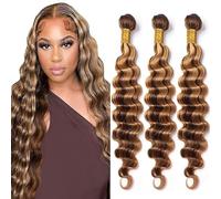 Tuheerst Deep Wave Human Hair Bundles P427 Highlight Blonde Human Hair Extensions Real Hair Wefts Bundles 3 Bundles Double Weft Remy Hair for Woman 28 28 28 Inches