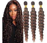 Tuheerst Deep Wave Human Hair Bundles P430 Highlight Brown Human Hair Extensions Real Hair Wefts Bundles 3 Bundles Double Weft Remy Hair for Woman 18 18 18 Inches