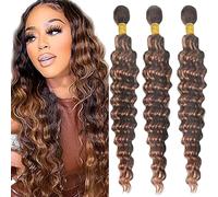 Tuheerst Deep Wave Human Hair Bundles P430 Highlight Brown Human Hair Extensions Real Hair Wefts Bundles 3 Bundles Double Weft Remy Hair for Woman 28 28 28 Inches