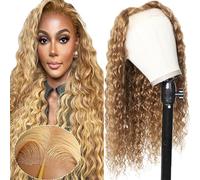 Tuheerst Deep Wave Human Hair Wig, Real Hair Wig, Women's Blonde 4 x 4 Lace Brazilian Real Hair, Glueless Wear and Go Pre Bleached Knots with Baby Hair for Woman, 76 cm