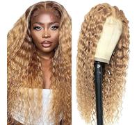 Tuheerst Water Wave Human Hair Wig, Real Hair Wig, Women's Blonde 4 x 4 Lace Brazilian Real Hair, Glueless Wear and Go Pre Bleached Knots with Baby Hair for Woman, 26 Inches (66 cm)
