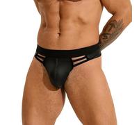 TUHOWEWZ Mens Thong Faux Leather Hollow Out Underpants G-String Briefs, Low Rise Mens Sexy G String Underwear, Underwear Bulge Pouch Lingerie Black