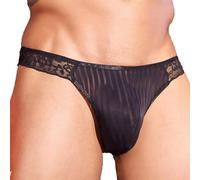 TUHOWEWZ Men's Thongs Underwear Sexy Low Rise Low-rise G-string with Lace Waistband, See Through Striped Bulge Pouch Thong Black