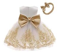 TUIJI 0-6T Big Bowknot Toddler Baby Girls Formal Dresses Pageant Party Lace Embroidery Dress with Headwear, White+gold, 6-12 months