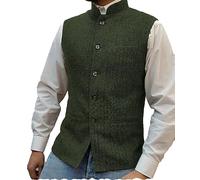 Tuikayoo Mens Herringbone Wool Vests Suit Business Tweed High Collar Waistcoats Slim Fit, Army Green, Large