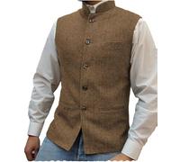 Tuikayoo Mens Herringbone Wool Vests Suit Business Tweed High Collar Waistcoats Slim Fit, Brown, Medium