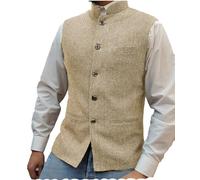 Tuikayoo Mens Herringbone Wool Vests Suit Business Tweed High Collar Waistcoats Slim Fit, Champagne, Large