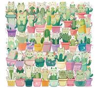 TUIOBUN 50PCS Cat Cactus Stickers for Luggage,Bumper,Helmet,Notebook,Laptop,Water Bottle,Cute Green Potted Plant Waterproof Vinyl Sticker,Girls Adults Decal,Animal Cartoon Aesthetic Graffiti Decals