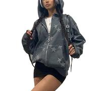Tuislay Women Star Graphic Zip Up Hoodies Y2k for Teen Girls Oversized Streetwear E-Girl 90s Baggy Grunge Sweatshirt Jacket, Gray, S
