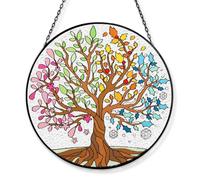 Tuitessine Big Size Tree of Life Stained Glass Suncatcher Four Season Theme Colorful Leaves Wall Window Hanging Ornament Hand-Painted Glass Panel Gift for Women Christmas Thanksgiving Gift 7.9 × 7.9”