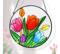 Tuitessine Tulip Suncatcher Stained Glass Window Hanging Panels, 6.3''x6.3'' Round Handmade Hanging Ornament with Chain, Garden Patio Wall Decor Flower Gift for Mom Teachers Friends