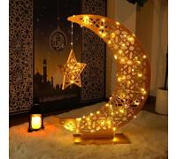 Tujoe 32 x 23 Inches Large Ramadan Moon Star Light Stand Big Eid Mubarak Wooden Crescent Moon Eid Crafts Night Light Islamic Muslims Gift Wooden Star with LED Fairy Lights for Festive Holiday Party