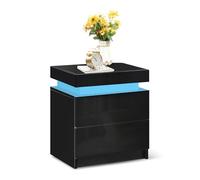 TUKAILAi Black Bedside Table with LED Lights, High Gloss 2 Drawers and Top Storage Bedside Cabinet Nightstand Chest of Drawers for Bedroom Living Room