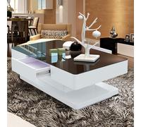 TUKAILAi High Gloss Coffee Table with 2 Drawers Storage Space 8mm Tempered Glass Top Table for Living Room Furniture Reception Waiting Area Table White and Black
