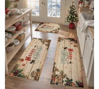 TUKDAK 3Pcs Christmas Kitchen Rug Set, Vintage Washable Non Slip Christmas Kitchen Mats Sets, Low Pile Standing Floor Mat, Brown Xmas Bathroom Floor Carpet for Bedroom, Living Room, Hallway, Office