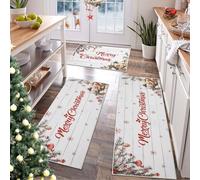 TUKDAK 3Pcs Christmas Kitchen Rug Set, Vintage Washable Non Slip Christmas Kitchen Mats Sets, Low Pile Standing Floor Mat, White Xmas Bathroom Floor Carpet for Bedroom, Living Room, Hallway, Office