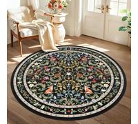 TUKDAK Round Rugs for Living Room 120cm, Black Animal Washable Circle Rugs for Bedroom, Boho Forest Floral Non Slip Non Shedding Soft Low Pile Circular Carpet for Kids Room Kitchen Office Dining Room