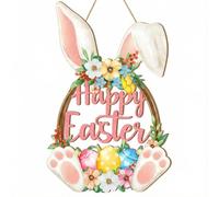 TUKIU Wooden Easter Decoration Door Wreath, Easter Eggs Hanging Plaque Bunny Rabbit Sign Wall Hanger Floral Spring Decor for Home Wall Decor Party Outdoor Indoor Supply Happy Easter