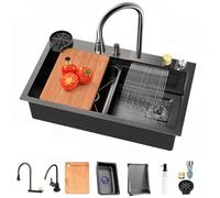 TULAZOU Kitchen Sink, Dark Grey 304 Stainless Steel Kitchen Sink, Multifunctional Kitchen Sink, Waterfall Kitchen Sink with Various Accessories (68x45cm)