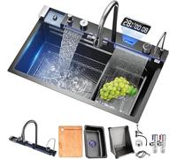 TULAZOU Multifunctional Stainless Steel Sink - Waterfall Design, Built-in Digital Tap, Various Accessories (75 x 45 cm)