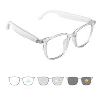 Tulbeys AI Translation Smart Glasses with Bluetooth with Photochromic Lenses Touch Control Voice Assistant for Clear Audio Remote Photography, Transparent frame and white legs