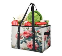 TULIMET Paris Eiffel Tower Rose Flowers Reusable Grocery Bag, Foldable Shopping Tote Bag with Handles, Washable Reusable Shopping Bags Grocery Tote for Kitchen Picnic Trunk