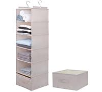 tulinstiraga Large Hanging Sweater Organizer for Closet,Collapsible 6-Shelf Hanging Closet Shelves with Drawers, Washable (Mibai -6 Shelf-1 d)