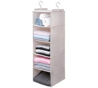 tulinstiraga Large Hanging Sweater Organizer for Closet,Collapsible 6-Shelf Hanging Closet Shelves with Drawers, Washable (Beige -5 Shelf)