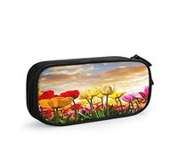Tulip Big Capacity Pencil Case Floral Field at Sunset Cloud Pink Yellow Tulip Flower Green Leaves Pen Box Large Storage Bag Pouch School Stationary for Women Men