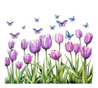 Tulip Butterfly Wall Sticker, Purple Waterproof and Oil-Proof Sticker, Removable Wall Sticker, Flower Wall Decal Waterproof for Home Bedroom Nursery Kitchen Bathroom Decoration