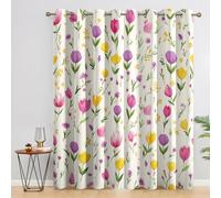Tulip Curtains Blackout for Home Decor, Thermal Curtains Yellow Pink Floral Purple Flower Pattern, Living Room & Bedroom Eyelet Drapes 90 Inch Drop, 66x90, 2 Panels B&646