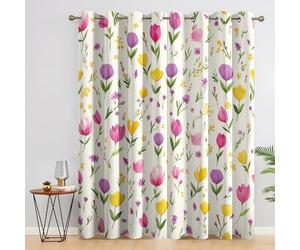 Tulip Curtains Blackout for Home Decor, Thermal Curtains Yellow Pink Floral Purple Flower Pattern, Living Room & Bedroom Eyelet Drapes 84 Inch Drop, 52x84, 2 Panels B&644
