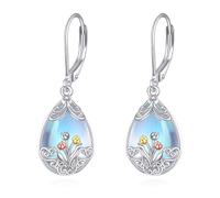 Tulip Earrings S925 Sterling Silver Tulip Flowers Drop Earrings Moonstone Tulips Teardrop Dangle Earrings Tulip Jewellery for Women Lover Mom