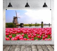 Tulip Field Windmill Photography Backdrop 10x8ft Countryside Rustic Scenic Dutch Landscape with Blooming Pink Tulip Canal Blue Sky Background for Romantic Travel Wedding Party Decoration Photo Props