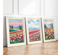 Tulip Fields in Bloom Botanical Set of 3 Framed Wall Art Prints A4