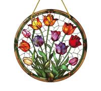 Tulip Flower Acrylic Stained Windows Hanging Suncatcher,Flower Stained Acrylic Suncatchers Window Ornament Stained Glass Panel Sun Catcher Wall Hanging Decor Birthday Gifts