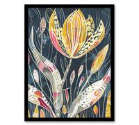 Tulip Flower Bloom Colourful Folk Art Painting Framed Art Print Artery8 Blue W12 inch x H16 inch